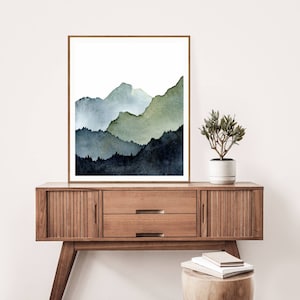 Aquarell Landschaft Berge Malerei abstrakte Kunst Bilder Wohnzimmer vertikal nebeliger Wald Kunstdruck minimalistisch blau grün Poster XXL Bild 6