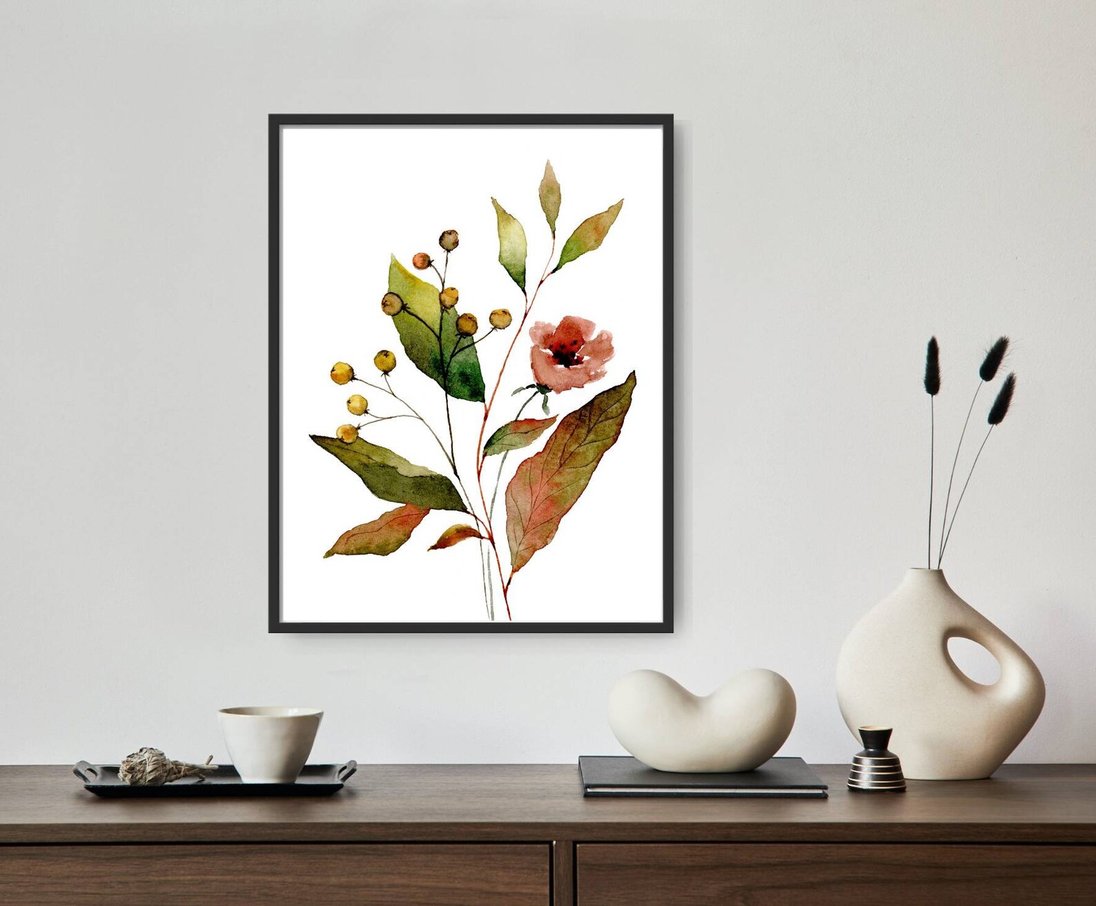 Large Floral Wall Art Red Green Flowers and Leaves Watercolor Print ...