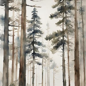 Pine Tree Painting Rustic Pine Forest Watercolor Art Print Misty Forest ...