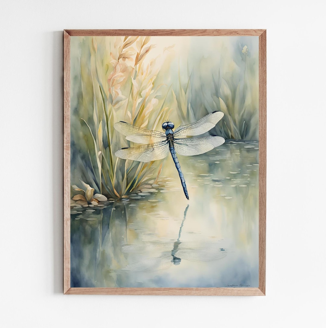 Dragonfly Painting Flower Pond Art Print Watercolor Landscape Large 