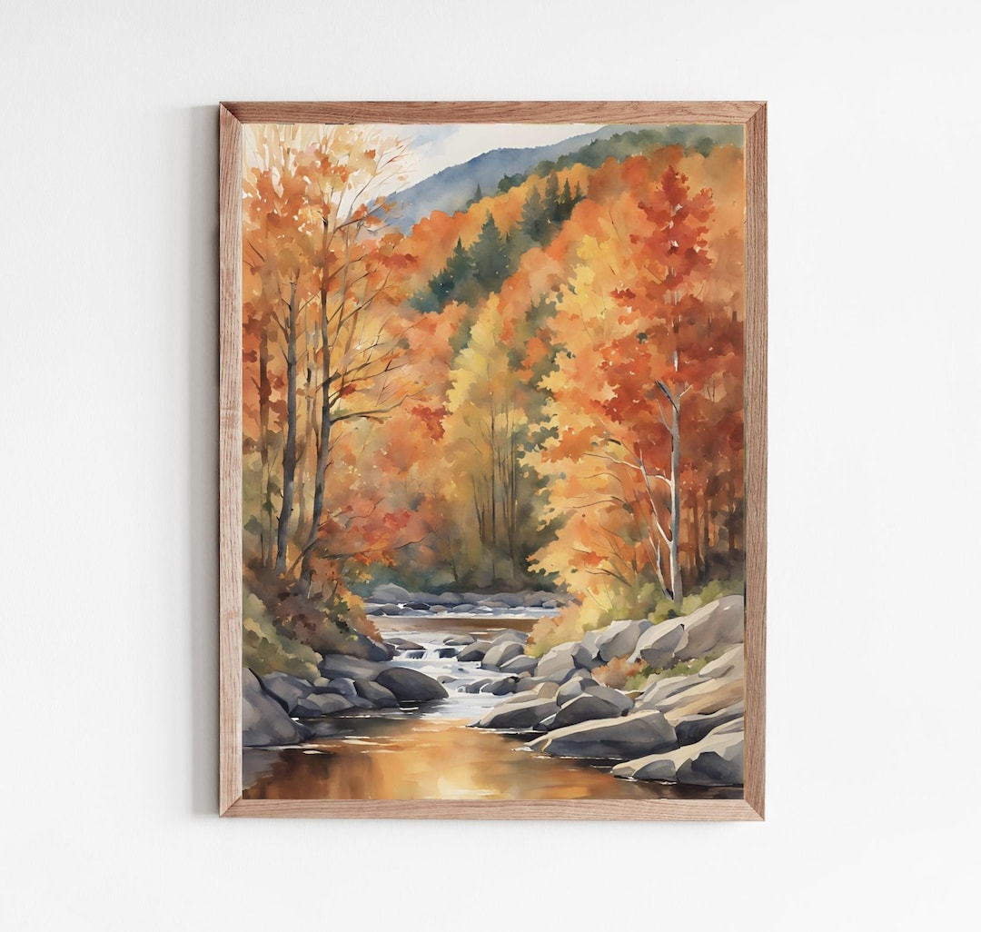 Fall Forest River Watercolor Art Print Autumn Landscape Painting Fall ...
