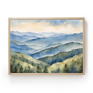Blue Ridge Mountains Print Sunrise Mountain Painting Watercolor Art Print North Carolina Landscape Pine Forest Wall Art Blue Ridge Parkway