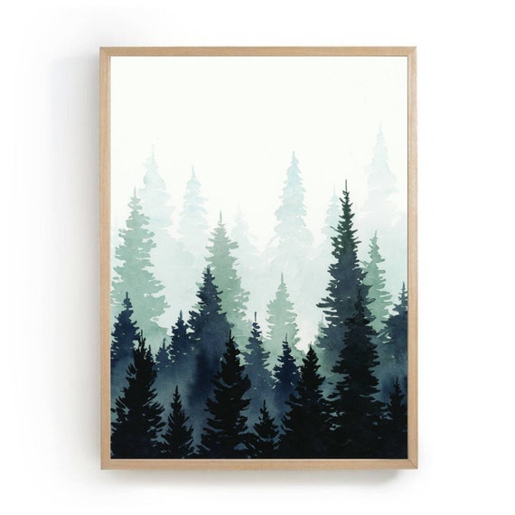 Pine tree painting original, misty forest watercolor mini artwork ...