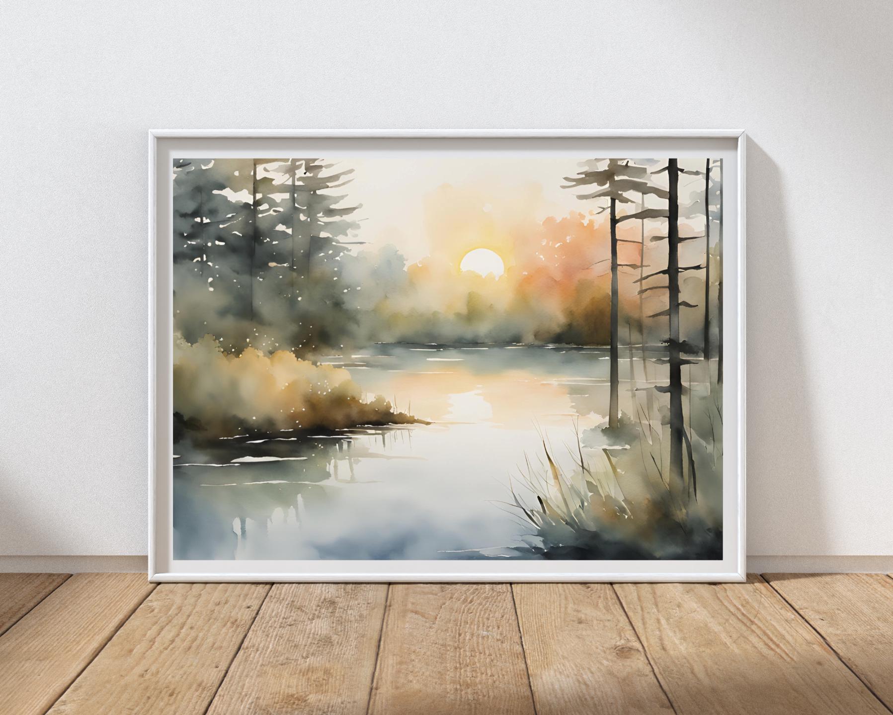 Sunrise Forest Lake Painting Pine Trees Watercolor Art Print Neutral ...