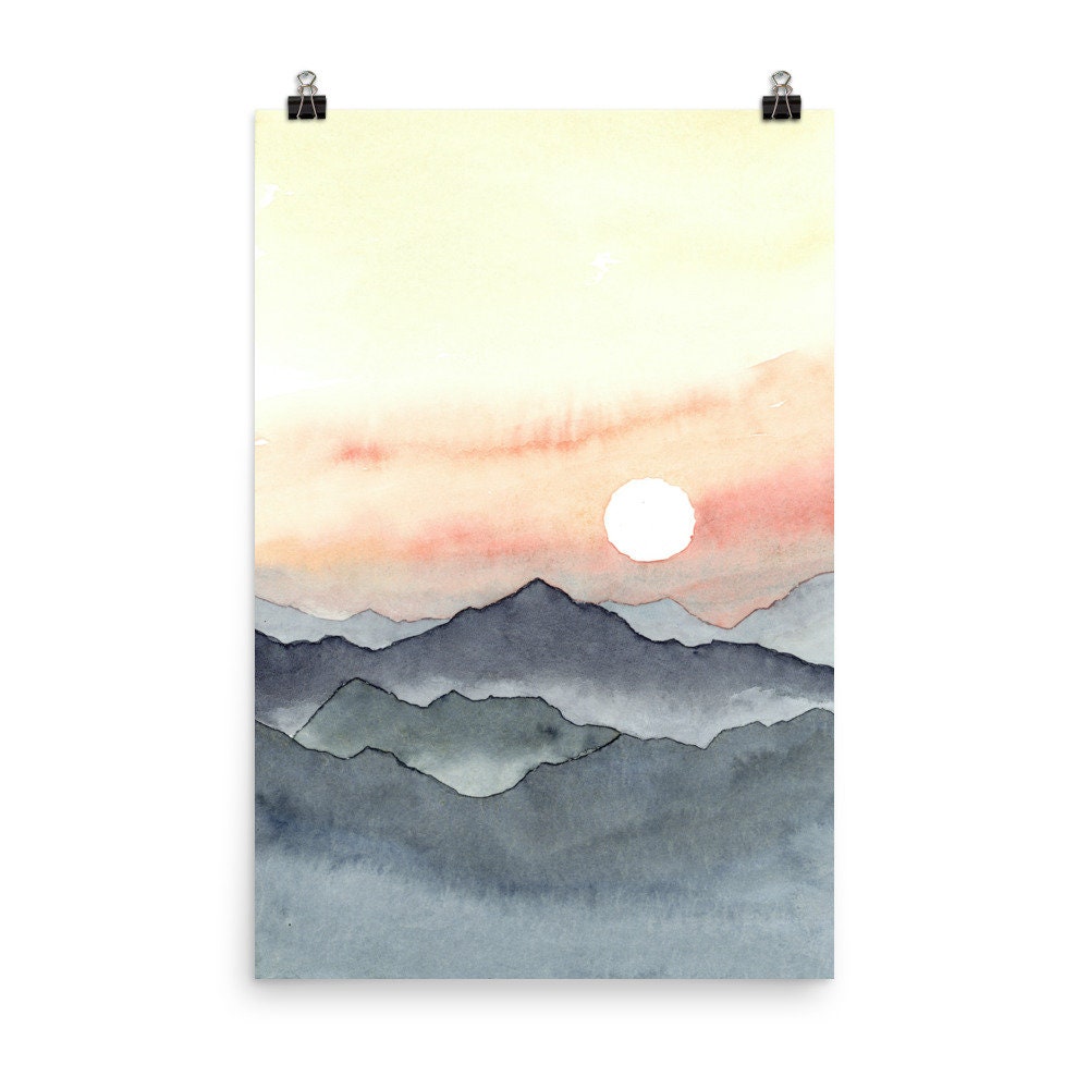 Sunrise Mountains Art Print Misty Mountain Wall Art Large Boho Etsy