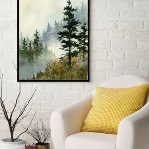 Pine Forest Art Print Mountain Painting Pine Tree Wall Art Watercolor ...