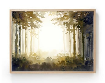 Forest watercolor art print twilight forest painting fine art print neutral landscape wall art forest poster