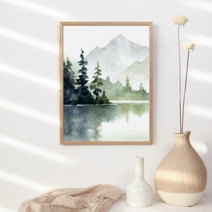 Forest Lake Art Print Mountain Painting Large Minimalist Wall Art Pine ...