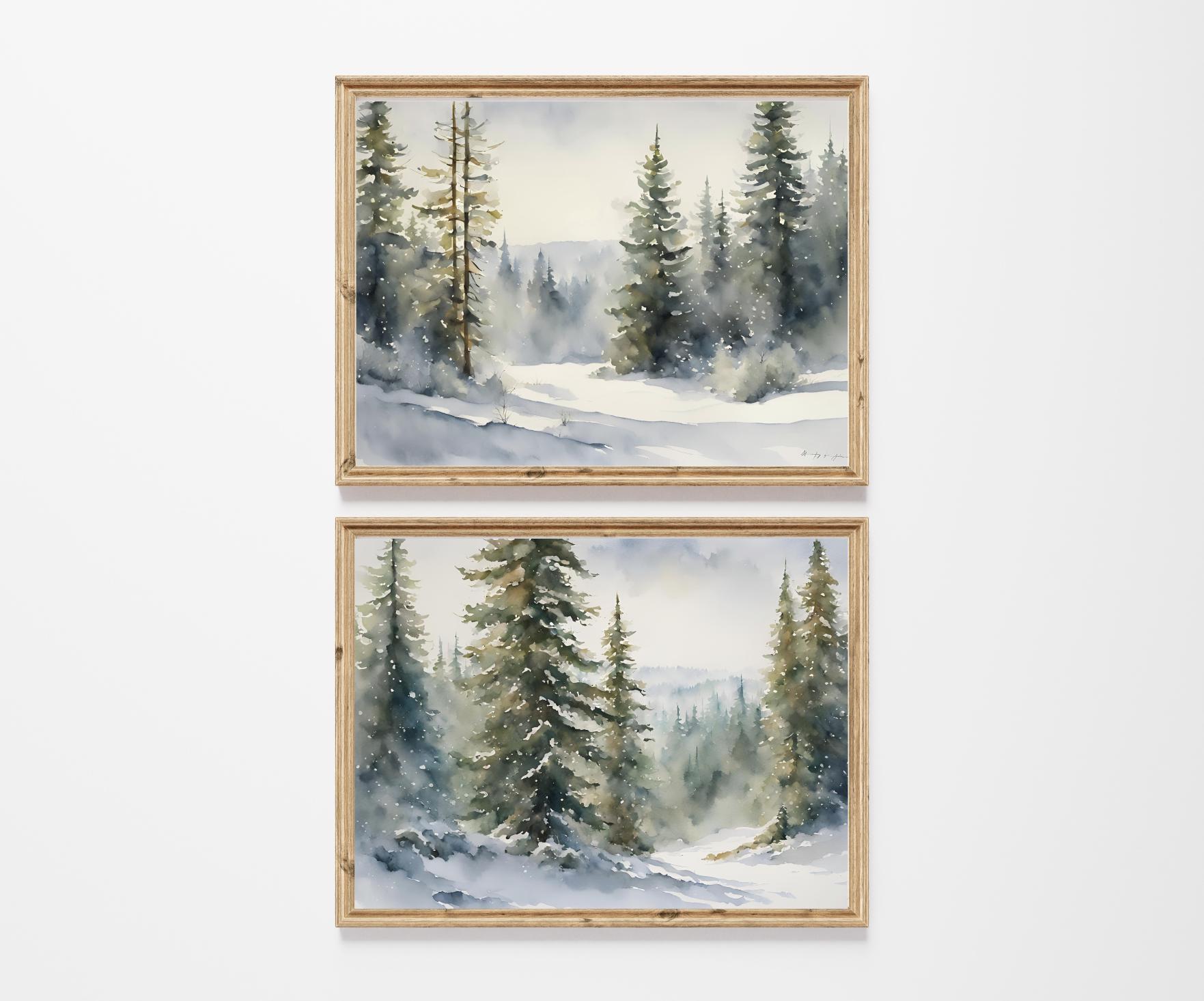 冬の風景、雪、モミの木、山、森、オリジナル水彩画のプリント