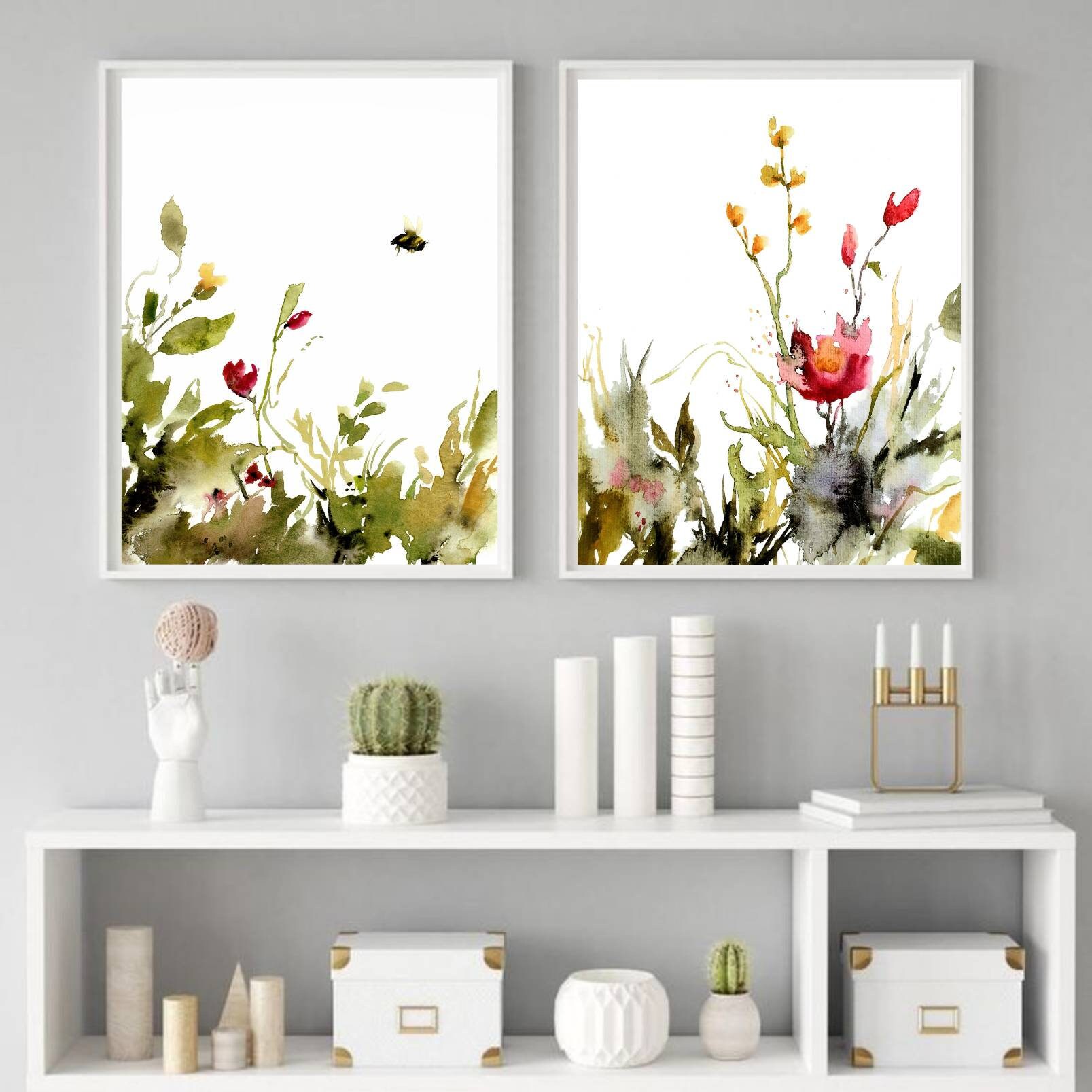 Large Floral Wall Art Set of 2 Wildflowers Watercolor Painting Flower ...