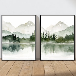 Conjunto de pósteres de acuarela de lago de montaña, impresiones artísticas, conjunto de 2, paisaje forestal, arte minimalista, decoración de pared para sala de estar