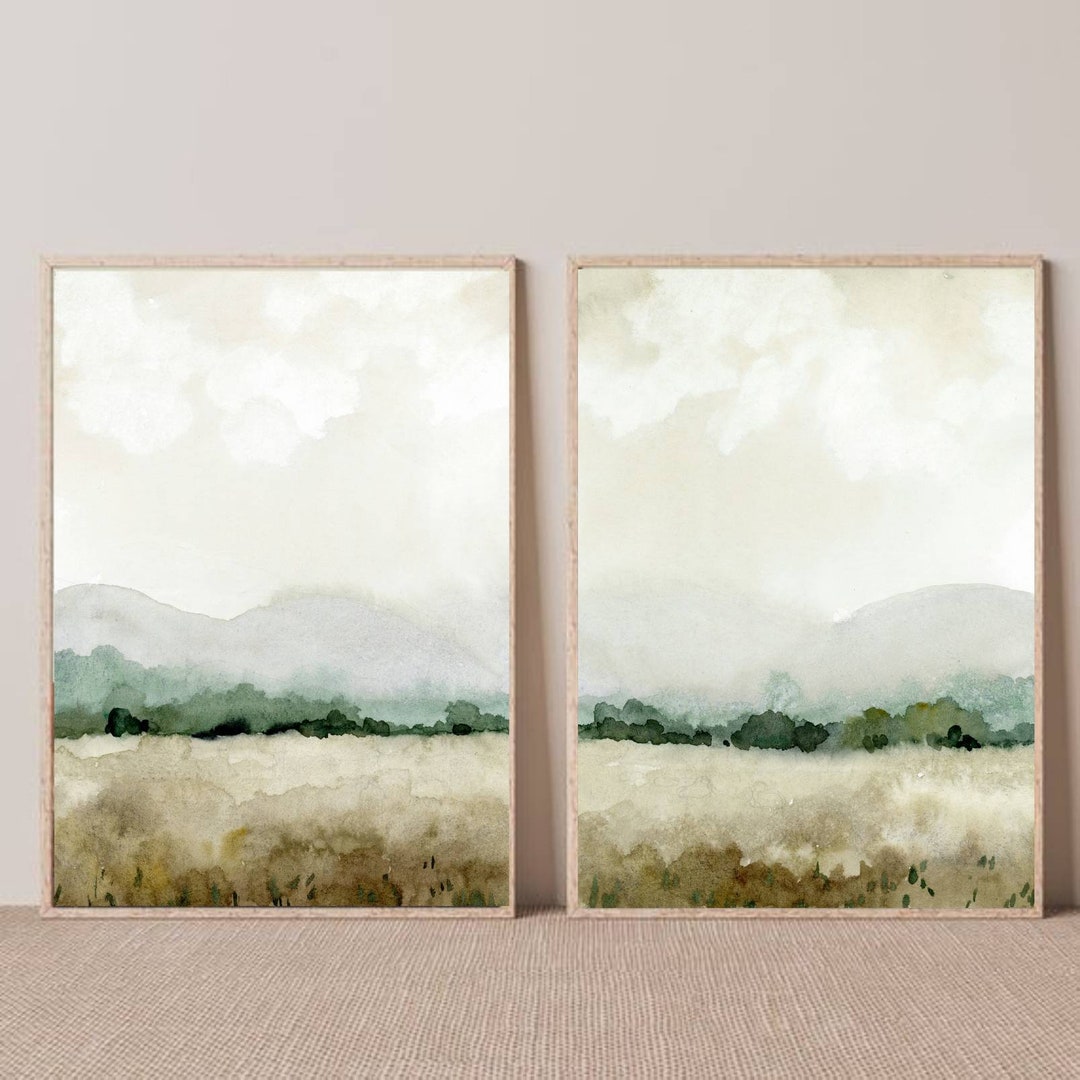 Abstract Landscape Painting Print Set Minimalist Wall Art Beige Field ...