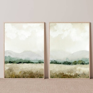 Abstract Landscape painting print set minimalist wall art beige field art neutral landscape set of 2 cloud painting boho wall decor