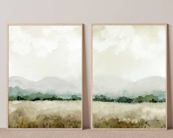 Abstract Landscape painting print set minimalist wall art beige field art neutral landscape set of 2 cloud painting boho wall decor