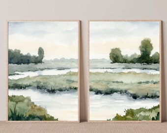 Marsh watercolor painting Wall art set of 2 art prints Landscape Low Country South Carolina Large coastal print blue green wall decor