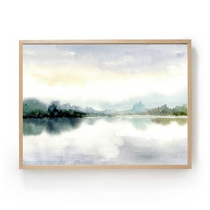 Watercolor Light Blue Landscape Art Print Misty Lake Art Work Neutral ...