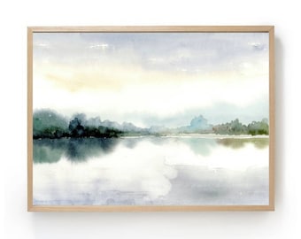 Aquarell Landschaft hell blau abstrakte Kunst See Ufer Malerei Sonnenaufgang Natur nebelig neutral Wandkunst ruhige Landschaft horizontal