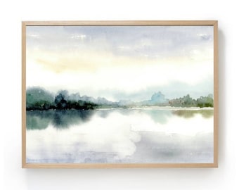 Watercolor light blue landscape art print misty lake art work neutral gray light blue wall art abstract panoramic landscape painting