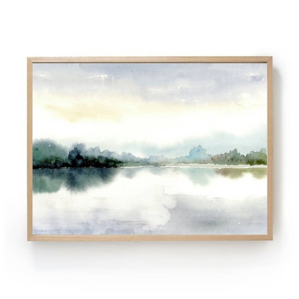 Aquarell Landschaft hell blau abstrakte Kunst See Ufer Malerei Sonnenaufgang Natur nebelig neutral Wandkunst ruhige Landschaft horizontal