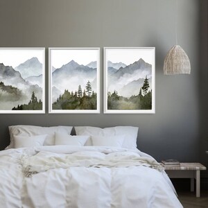 Blue mountain wall art set Mountain forest art prints Panoramic landscape Watercolor painting print 3 piece Minimalist wall decor image 5