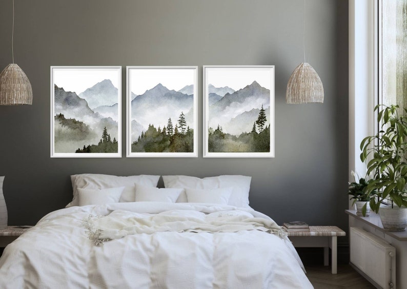 Blue mountain wall art set Mountain forest art prints Panoramic landscape Watercolor painting print 3 piece Minimalist wall decor image 5