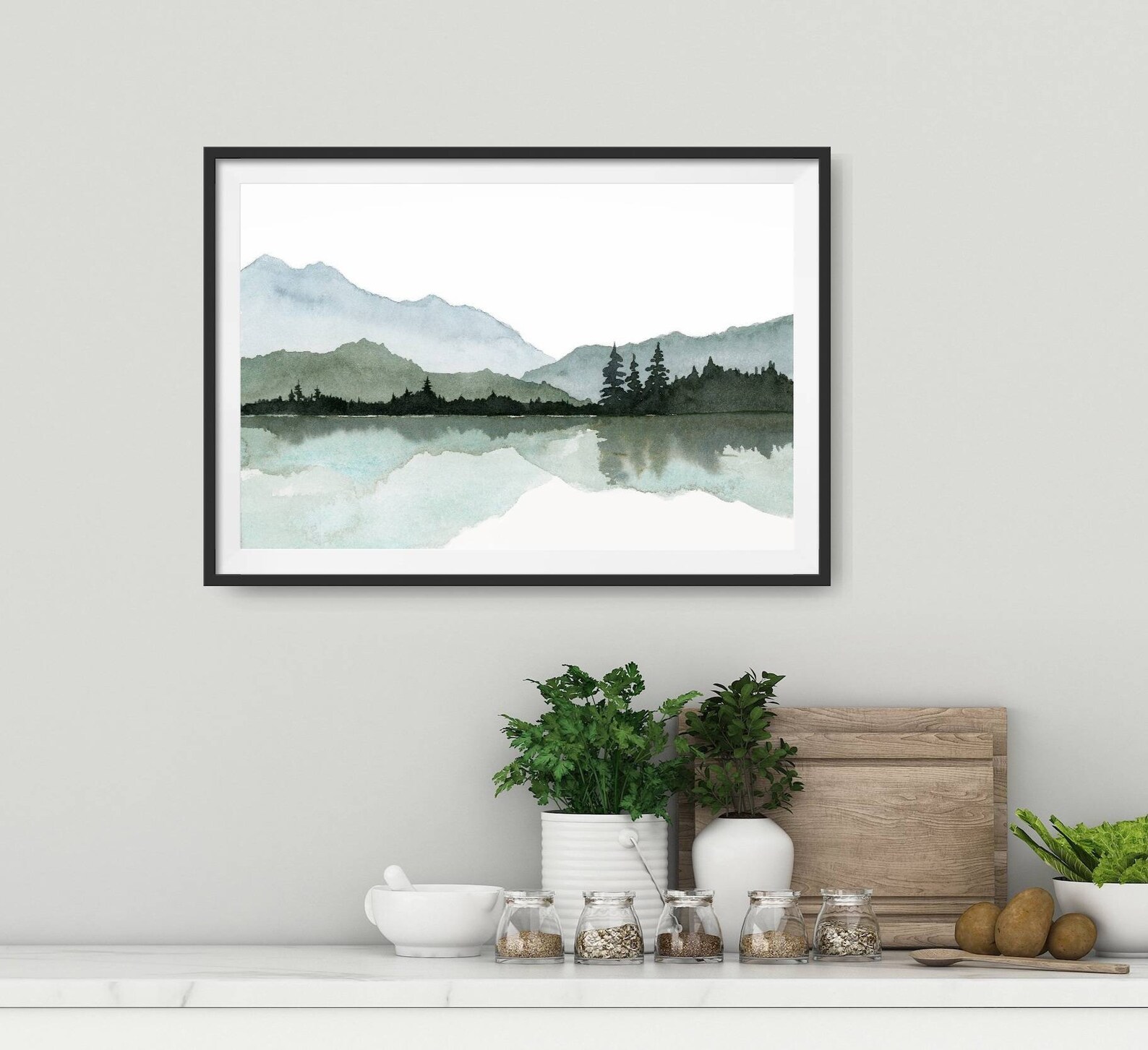 Watercolor Painting Mountain Lake Large Minimalist Wall Art Pine Forest ...