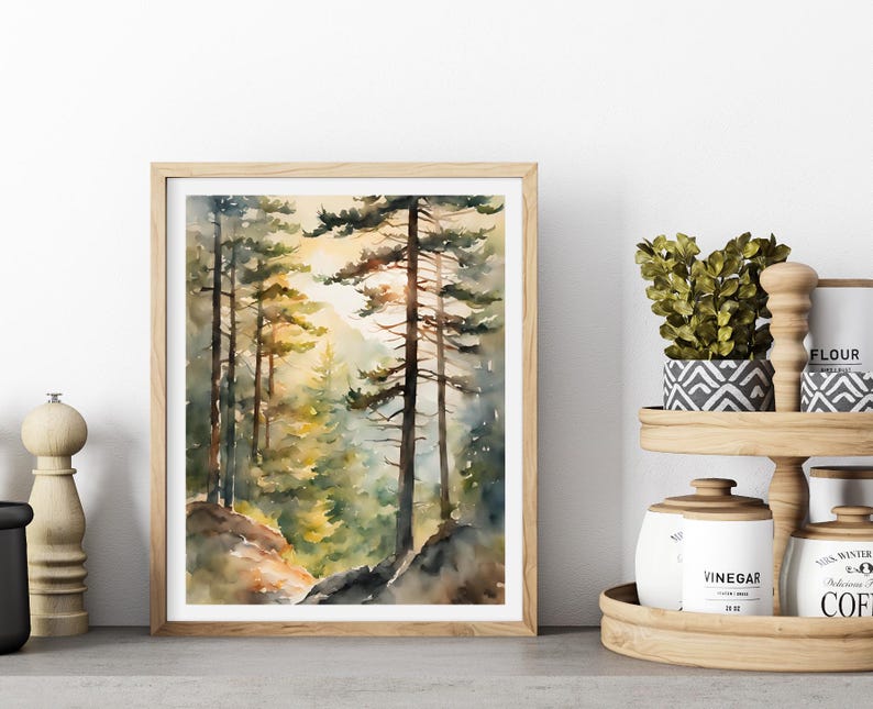 Pine Trees Painting Sunrise Forest Art Print Watercolor Landscape Sunny ...