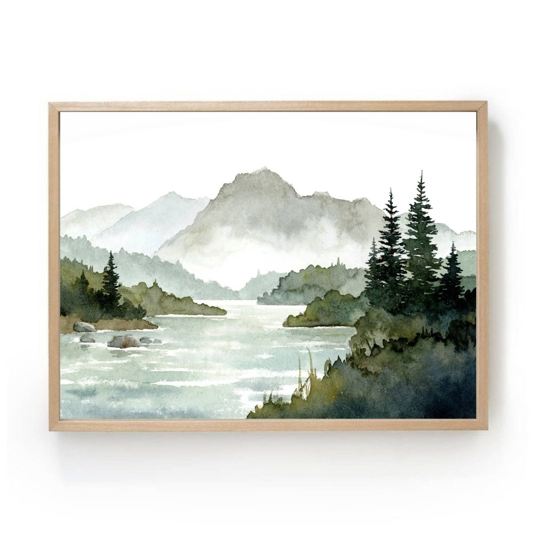 Misty Mountain Watercolor Painting Pine Tree Wall Art Panoramic ...