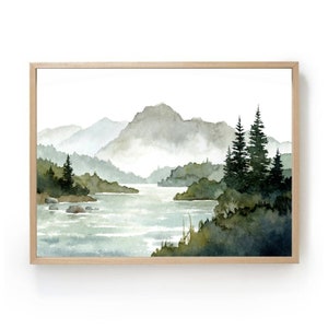 Misty mountain watercolor painting pine tree wall art panoramic landscape mountain river prints teal forest art print blue green wall decor