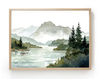 Misty mountain watercolor painting pine tree wall art panoramic landscape mountain river prints teal forest art print blue green wall decor