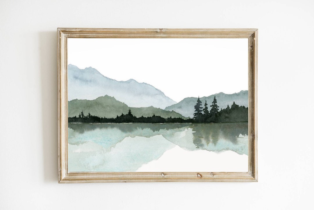 Watercolor Painting Mountain Lake Large Minimalist Wall Art Pine Forest ...