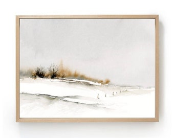 Large minimalist wall art abstract landscape painting winter trees print countryside painting neutral wall decor white gray copper