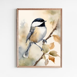 May include: Watercolor painting of a black-capped chickadee perched on a branch with brown and yellow leaves. The bird is facing right and has a black cap, white cheeks, and a gray body.