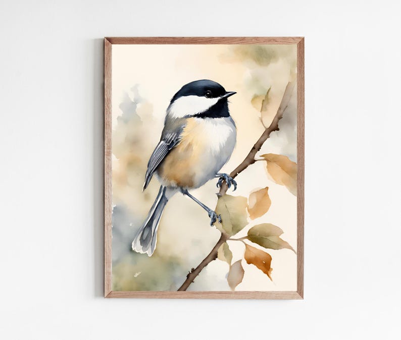 May include: Watercolor painting of a black-capped chickadee perched on a branch with brown and yellow leaves. The bird is facing right and has a black cap, white cheeks, and a gray body.