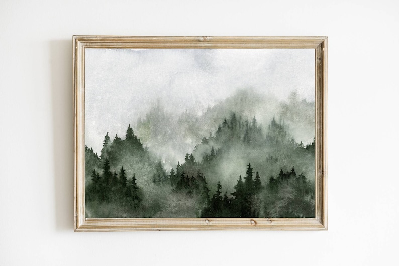 May include: A watercolour painting of a misty forest scene with dark green trees and a light grey background.