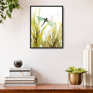 Meadow painting abstract, dragon fly art print, botanical poster, wildflowers wall art, spring green wall art, moody print dragonfly image 2