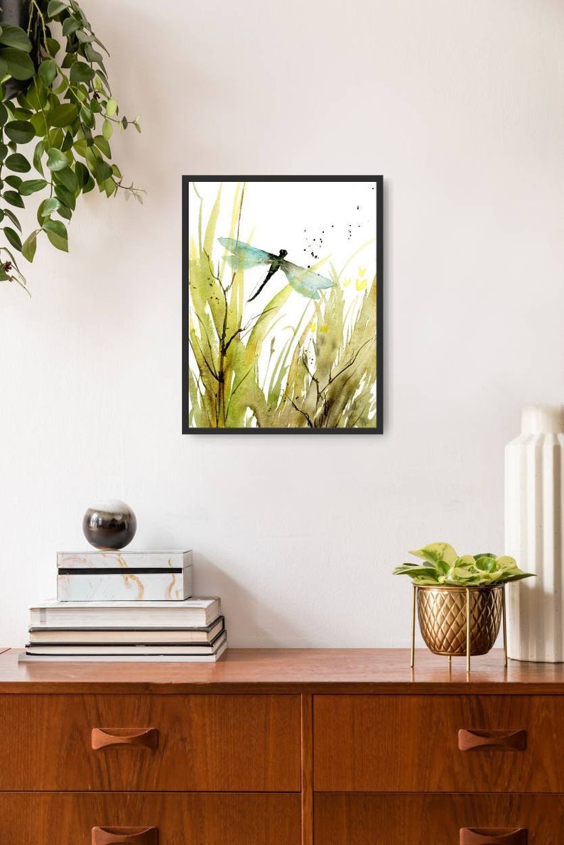 Meadow painting abstract, dragon fly art print, botanical poster, wildflowers wall art, spring green wall art, moody print dragonfly image 2