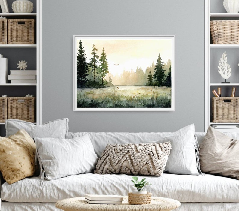 Sunrise Forest Wall Art Pine Tree Watercolor Painting Print Large ...