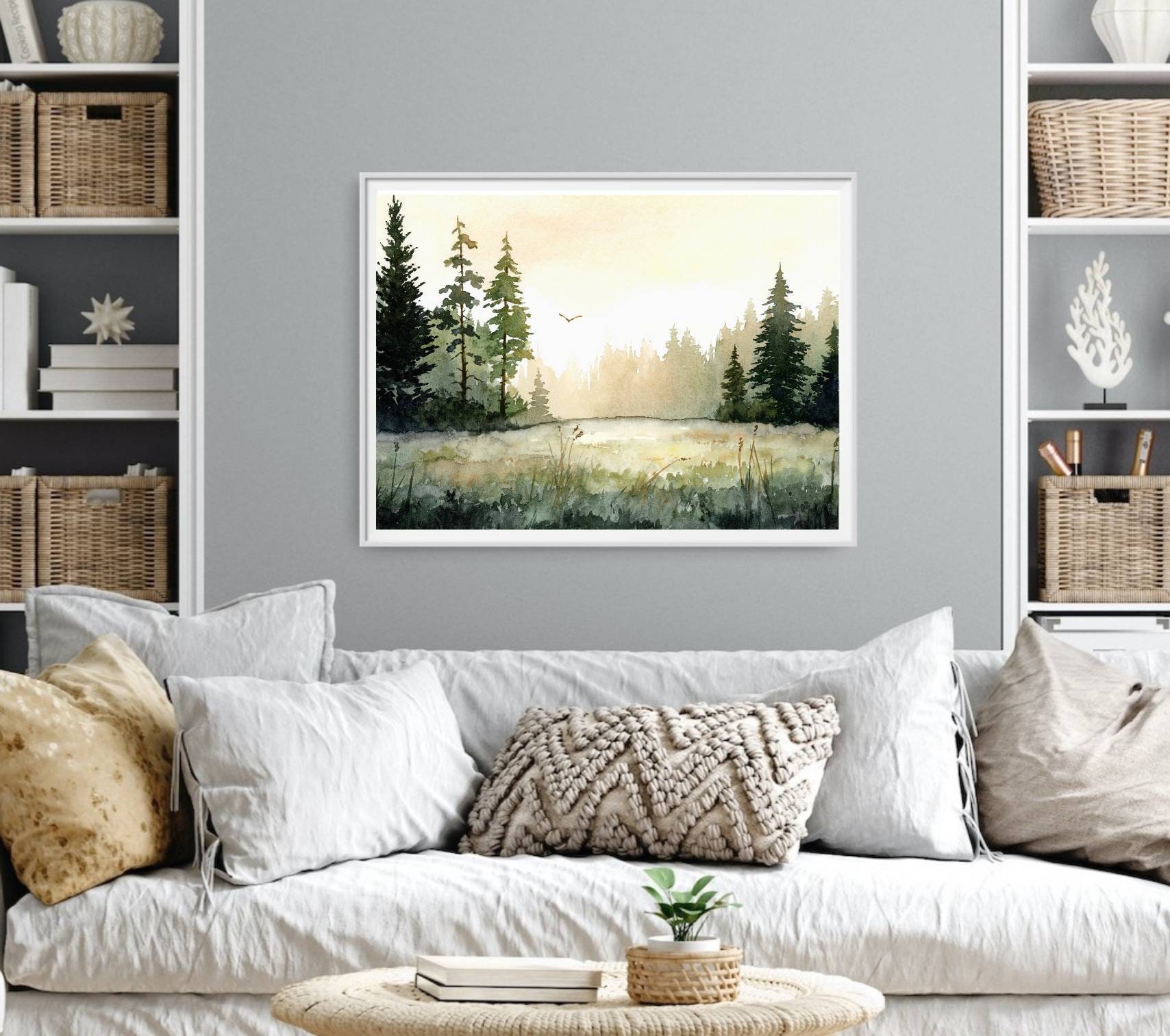 Sunrise Forest Wall Art Pine Tree Watercolor Painting Print Large ...