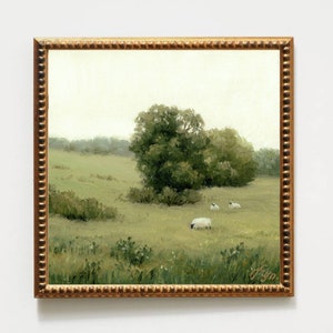 Oil painting sheep field art print neutral landscape painting countryside wall art vintage style painting old tree art flower meadow prints