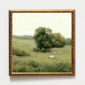 Oil painting sheep field art print neutral landscape painting countryside wall art vintage style painting old tree art flower meadow prints