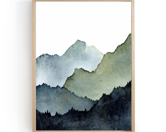 Minimalist mountain painting abstract landscape blue green wall art mountain forest art print large wall art