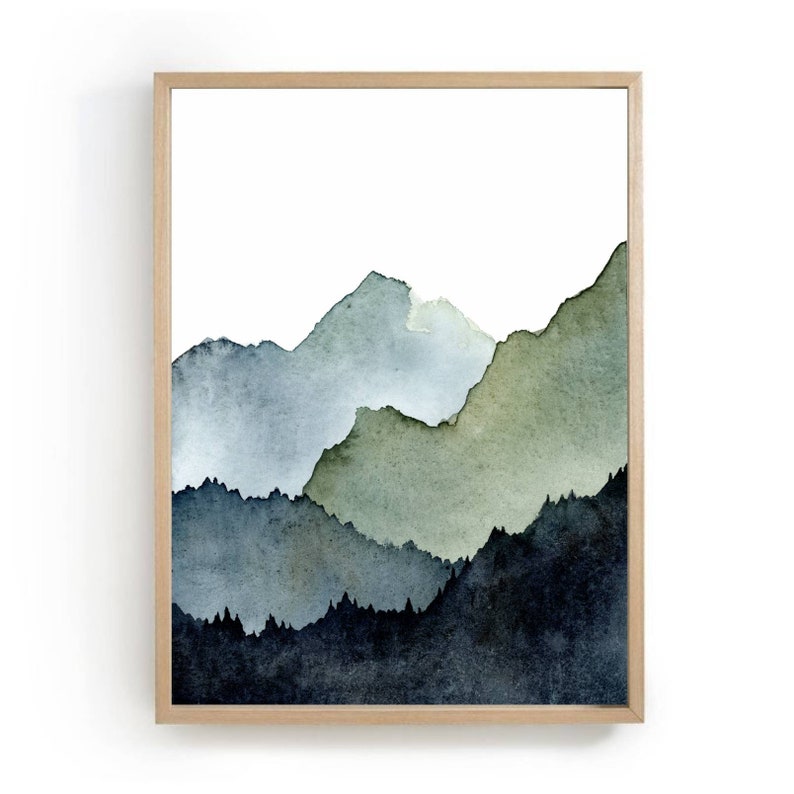 Aquarell Landschaft Berge Malerei abstrakte Kunst Bilder Wohnzimmer vertikal nebeliger Wald Kunstdruck minimalistisch blau grün Poster XXL Bild 1