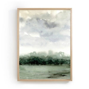Aquarellbilder Landschaft abstrakt dunkel grün Wandkunst große Bilder Wohnzimmer ruhige Landschaft vertikal Regen Wolken Malerei Aquarell