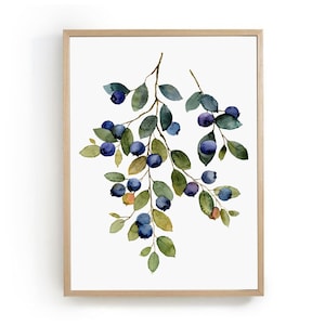 Blueberry art print berries watercolor painting kitchen wall art farmhouse wall decor large wall art