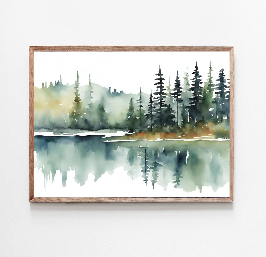Forest Lake Painting Pine Trees Print Michigan Landscape Watercolor Art ...
