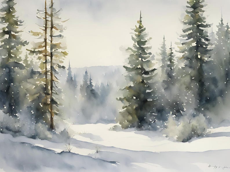 Snowy Pine Tree Forest Print Winter Landscape Watercolor Painting ...