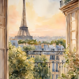 K&ouml;nnte beinhalten: Ein Aquarellgem&auml;lde eines Pariser Balkons mit Blick auf den Eiffelturm. Der Balkon ist mit &uuml;ppigen gr&uuml;nen Pflanzen und einem schmiedeeisernen Gel&auml;nder geschm&uuml;ckt. Der Himmel ist in sanftem Rosa und Orange gehalten, was eine romantische und malerische Szene erzeugt.