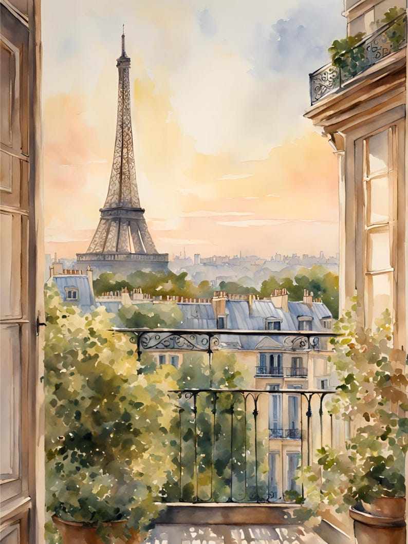 K&ouml;nnte beinhalten: Ein Aquarellgem&auml;lde eines Pariser Balkons mit Blick auf den Eiffelturm. Der Balkon ist mit &uuml;ppigen gr&uuml;nen Pflanzen und einem schmiedeeisernen Gel&auml;nder geschm&uuml;ckt. Der Himmel ist in sanftem Rosa und Orange gehalten, was eine romantische und malerische Szene erzeugt.