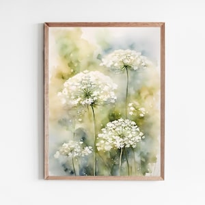 May include: Watercolour painting of white Queen Anne's Lace flowers with green stems and leaves against a soft yellow and green background.